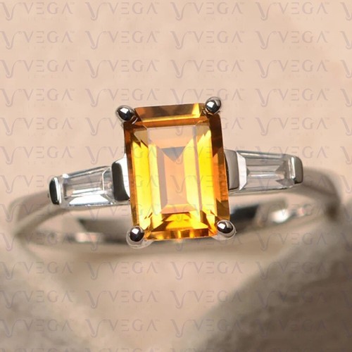 3.50ct Emerald Cut Natural Citrine & Diamond Wedding Ring 18K White Gold Plated