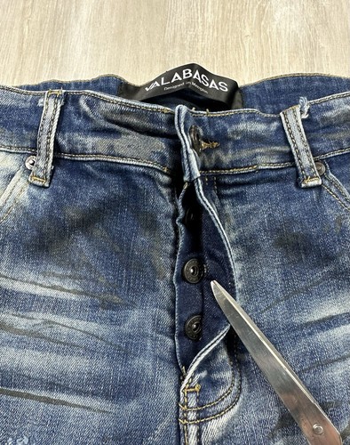 Valabasas Jeans Mens 36x31 Dark Blue Denim Skinny Button Fly Ripped Distressed - Picture 6 of 13
