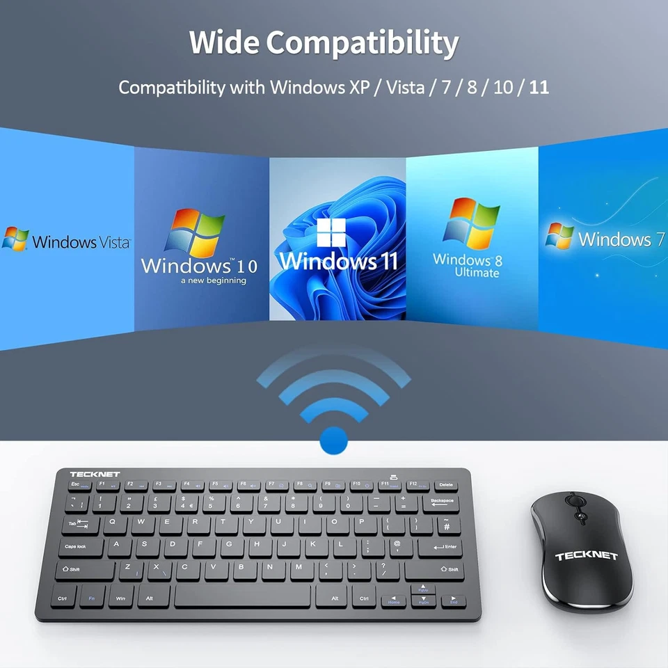TECKNET Slim Wireless Keyboard & Mouse Set, 2.4G Cordless USB TK-KM001 Black - Image 2 of 4