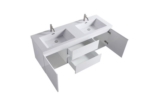 Dyconn Wasserhahn Wandmontage Schwebender Waschtisch mit Doppelwaschbecken 2 Schubladen 2 Türen - 60 - Bild 9 von 10