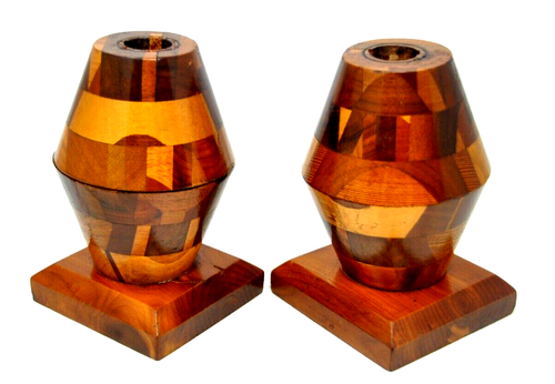 Handcrafted Turned Wood Candlestick Holders Primitive Two Toned - Picture 2 of 5