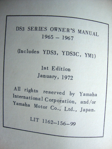 1965-1967 YAMAHA YDS3 YDS3C 250 BIG BEAR SCRAMBLER YM1 305 Owner's Manual NOS!!! - Picture 3 of 12