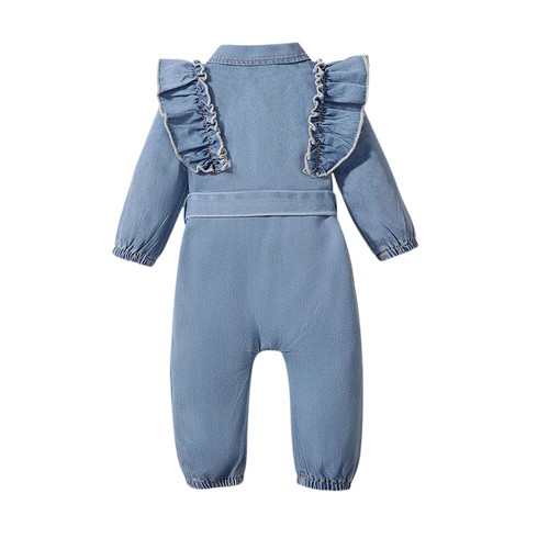 Newborn Baby Girls Ruffle Bowtie Denim Jumpsuit Romper Pants Outfit Clothes Set - Picture 14 of 16