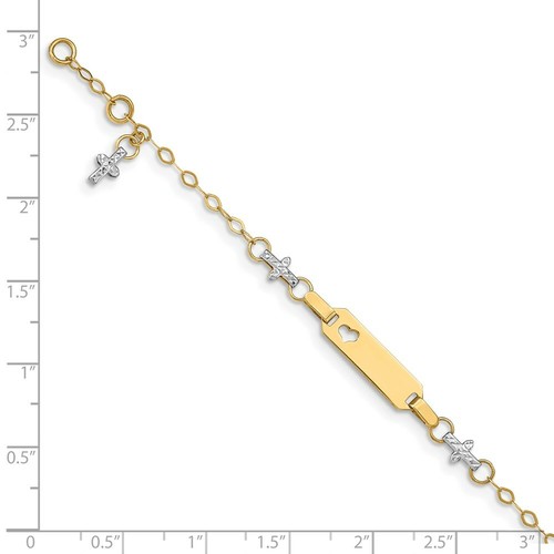 Real 14kt Two-tone Baby Polished and Textured Cross w/1in ext. ID Chain Bracelet - Picture 4 of 6