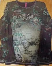 🔥Gitano Couture Paryienne Women's Long Sleeve Shirt Large Graphic Embroidered 