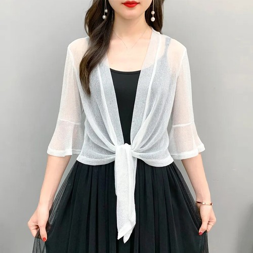 Damen Kunstseide Netz Cardigan ausgestellte Ärmel Cropped Tops Bolero Achselzucken Schal einfach - Bild 7 von 16