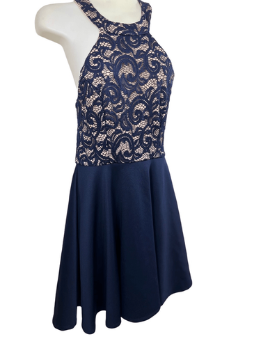 B Darlin Formal Dress size 9/10 Halter Open Back Navy Shimmer Lace Cocktail - Picture 13 of 16