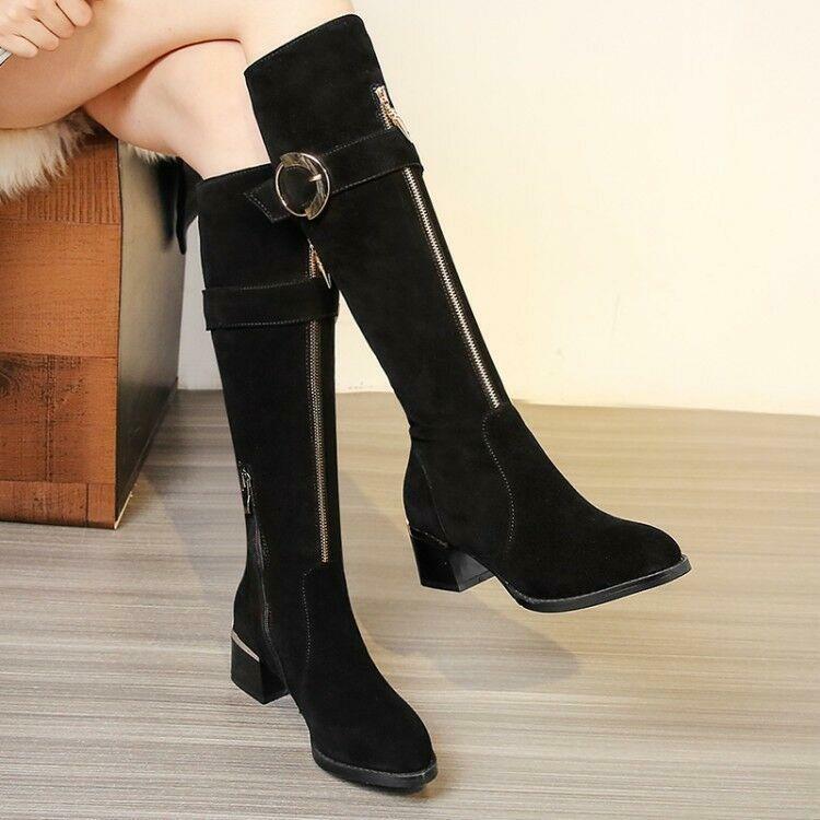 Nuevo Lo último Para mujeres tacones gruesos rodilla correa Decoración De Metal De Gamuza Hebilla la rodilla gruesos botas altas e83e17 Nuevo Lo último Para mujeres tacones gruesos rodilla correa Decoración De Metal De Gamuza Hebilla la rodilla gruesos botas altas e83e17