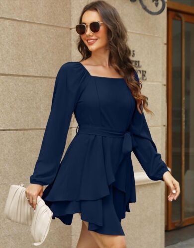 SAMPEEL Casual Dress Women's Puff Sleeve Square Neck Casual Part Navy Dress L - Picture 3 of 10