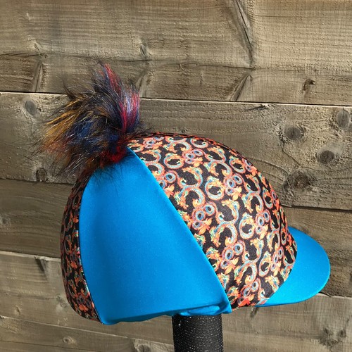 Horse Riding hat silk fur Pom, Wool Or Button Top dragon design Turquoise - Picture 3 of 41