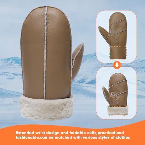 MGGMOKAY Men Leather Mittens Shearling Sheepskin Fur Lined Winter Mitten Gloves - Picture 4 of 9