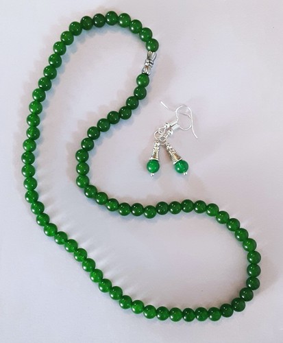 6mm GREEN JADE necklace earrings SET SP FISH HOOK - Picture 2 of 5
