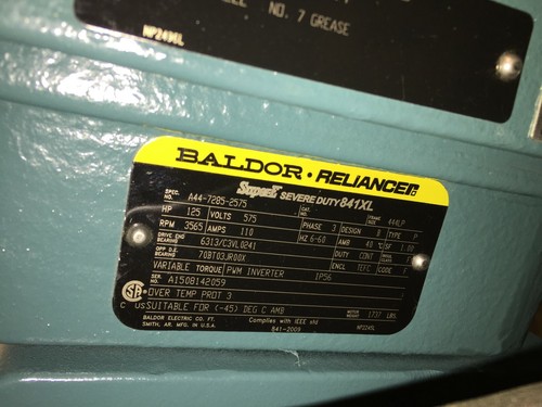 125 HP 3565 RPM Baldor Reliance, Frame 444LP, TEFC, 575 V - Picture 2 of 2