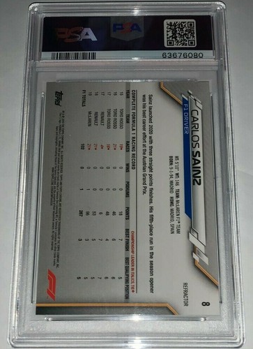 PSA 9 Como Nuevo Carlos Sainz 2020 Topps Cromo F1 Plata Retrato Refractor #8 WOW - Imagen 3 de 3