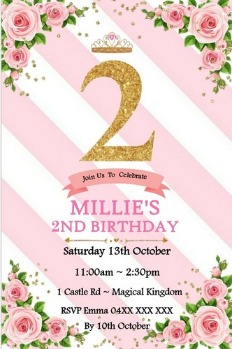 FLORAL PRINCESS TIARA pink DIGITAL PRINTABLE BIRTHDAY PARTY INVITATION - Picture 2 of 2