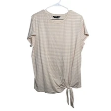 Simply Vera Vera Wang Shirt Women's XL Beige Striped Short Sleeve Tie Casual Top