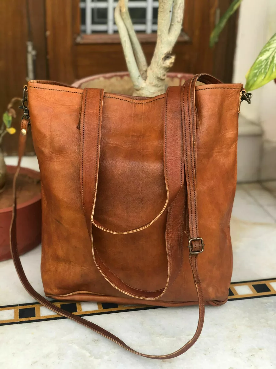 Handmade Womens Rustic Brown Leather Tote Purse Shoulder Shopper