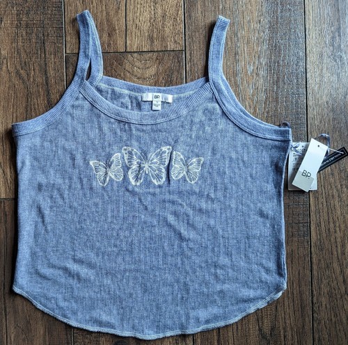 BP. Nordstrom Cami Crop Rib Top Women's Med Light Blue w/ Butterflies Scoop Neck - Picture 1 of 16