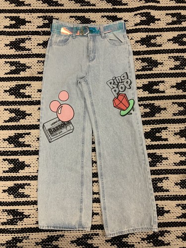 New size 8 Justice Ring Pop Bazooka Theme Denim Baggy Jeans  - Picture 1 of 4