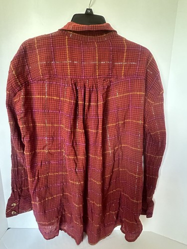 Free People Break My Stride Plaid Button Down Shirt, Red, Metallic Stripe Small - Picture 6 of 8