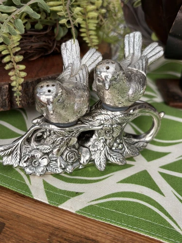Vintage Silver Plated Salt & Pepper Shaker Set Love Birds Perched on Branch EC
