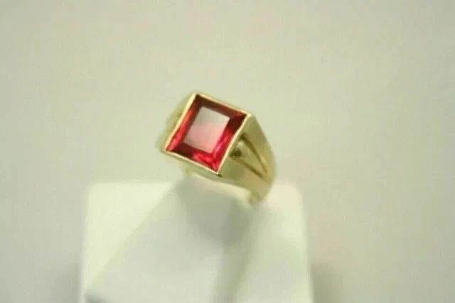 5Ct Emerald Cut Lab Created Red Ruby Solitaire Men's Ring 14k Yellow Gold Plated - Image 4 of 4