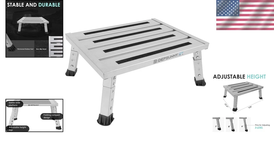 Stable Foldable Aluminum RV Platform Step - Supports 1,000 lbs, Non-Slip Design - Image 2 of 4