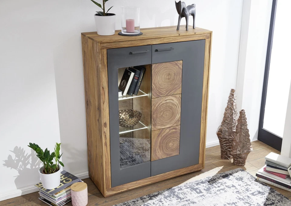 Highboard Anrichte Vitrine massiv Mehrzweckschrank Sheesham grau schwarz 103x135 - Bild 2 von 4