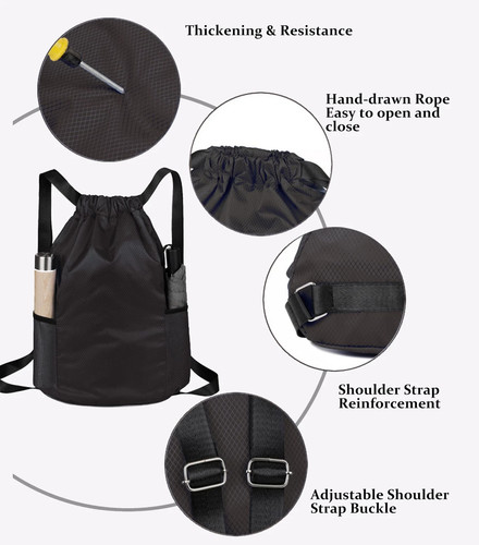 Drawstring Bag, Unisex Large Sports Backpack String Drawstring PE Bags, Black - Picture 5 of 6