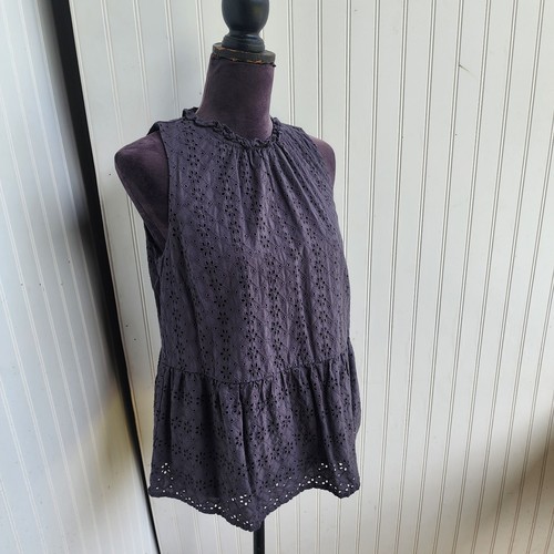 Loft Damen Bluse grau Ösen Boho ärmellos Rüschen Damen Schößchen Babydoll M - Bild 3 von 10