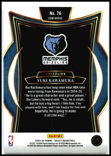 2024-25 Panini Select Blue #76 Yuki Kawamura Rookie Memphis Grizzlies - Picture 2 of 2