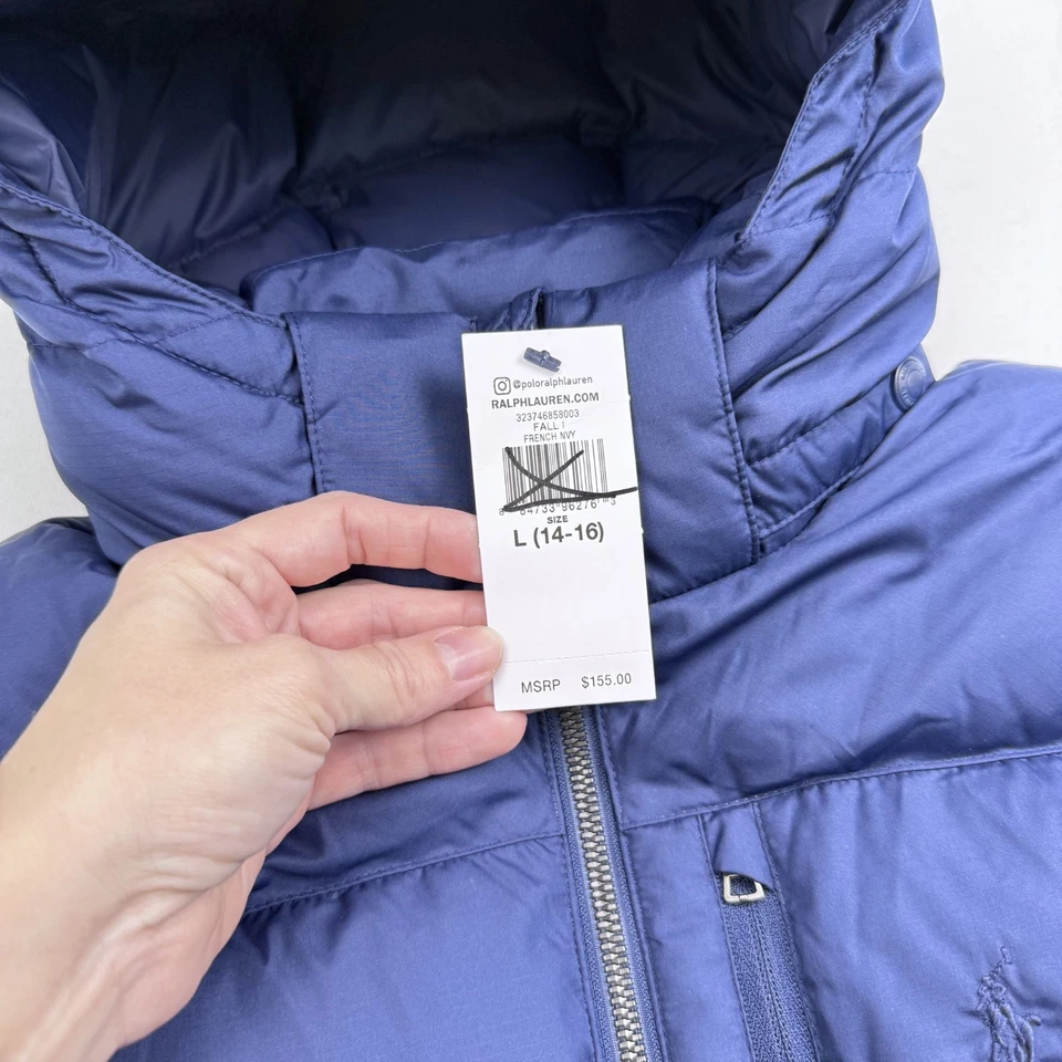 Nueva chaqueta acolchada POLO Ralph Lauren para niños L (14/16) azul marino 75 % plumón con capucha $155 Foto 3 de 4
