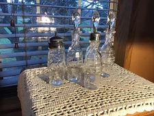 5 Antique MATCHING Glass Castor Cruet Bottles