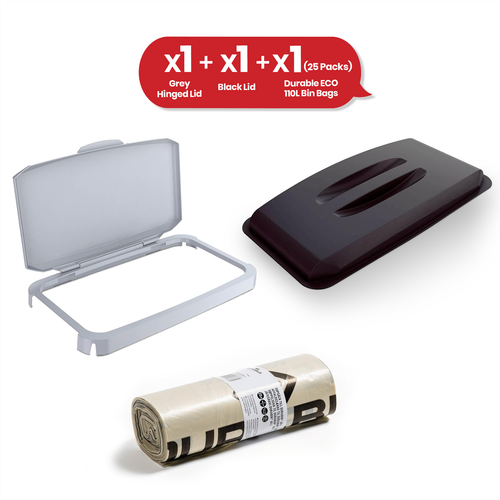 DURABIN 60L Coperchi Grigi con Cerniera e Nero con Sacchetti Pattumiera Riciclati 25x110L - Foto 3 di 8