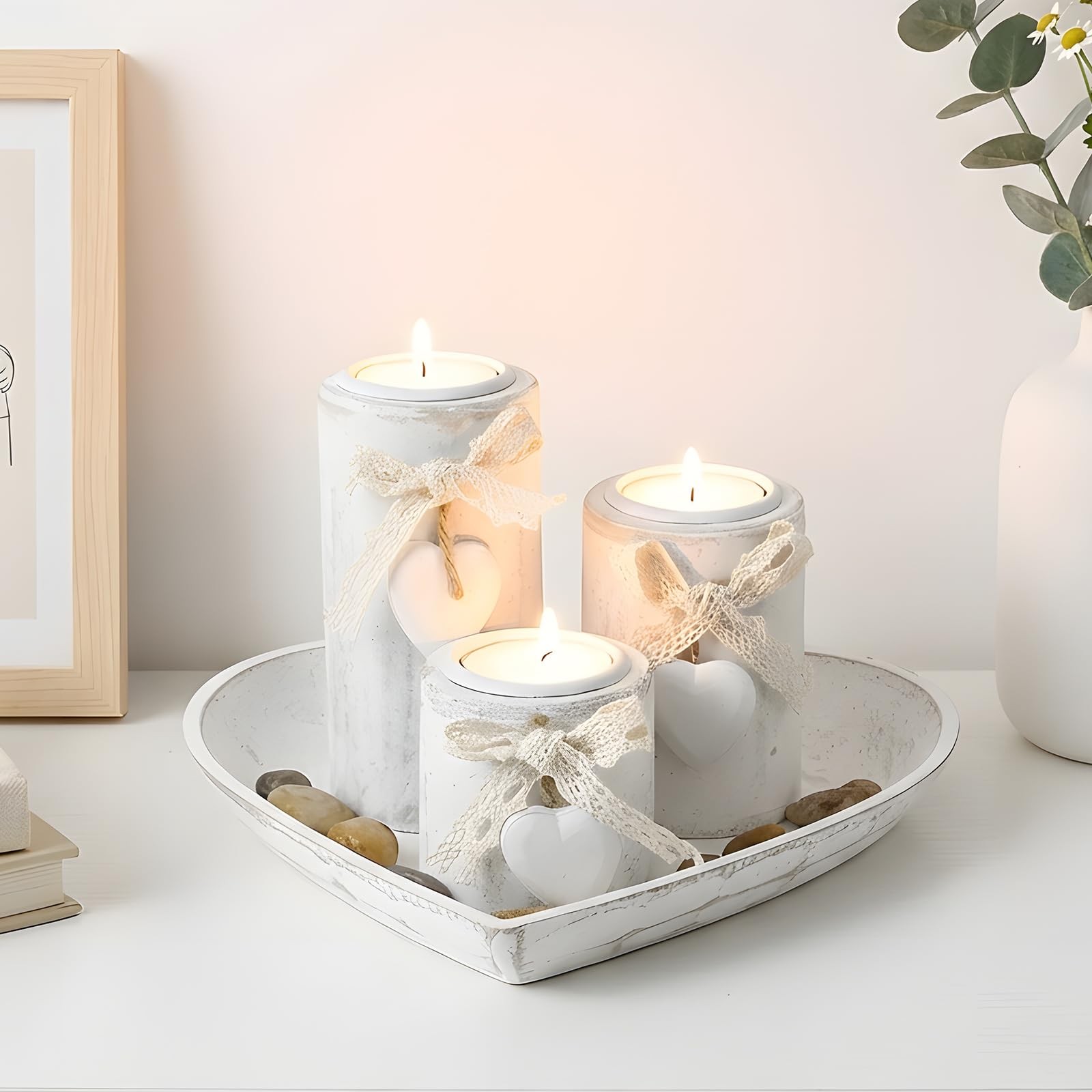 S 3 Pack Rustic Wooden Pillar Candle Holder With Heart Tray 
