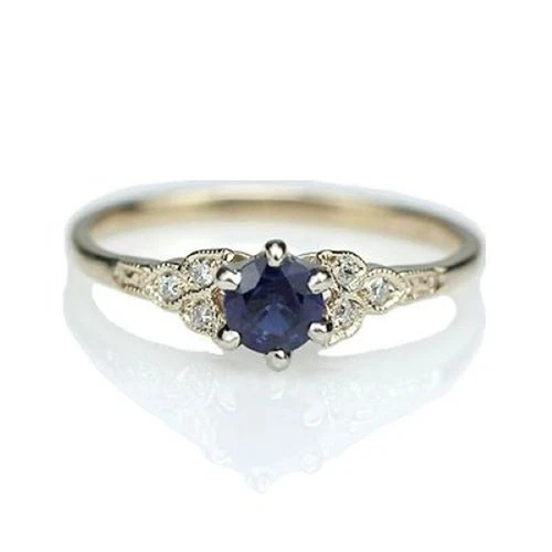 Art Deco Style 0.60 Ct Blue Sapphire & CZ Diamond Vintage Sterling Silver Ring
