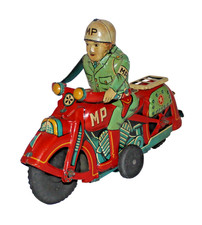 EX - NM & Working 1950s Tin Friction Military Police Motorcycle by Masudaya