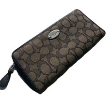 COACH Slim Black Leather Zip Around Wallet Accordion Style Silver Hardware
