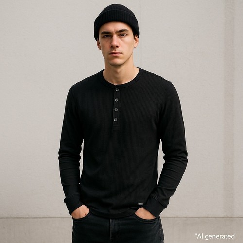 Guess Mens Henley Shirt Size S Black Long Sleeve Ribbed Minimalist Casual Street - Picture 1 of 6