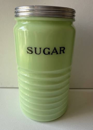 VTG Jeannette Jadeite Depression Glass Ribbed SUGAR JAR 48 Oz Canister - Glows