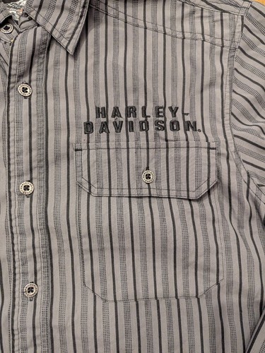 Harley Davidson Large Tall Button Down Hemd grau schwarz Streifen bestickt - Bild 4 von 12