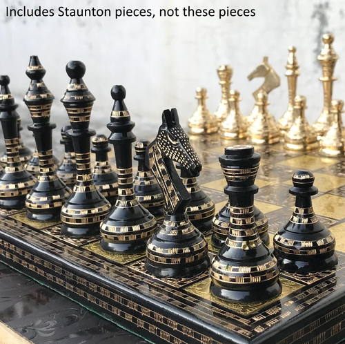 12’’ Handmade Chess Set, 32 Staunton Brass Pieces, Black and Gold Board - Picture 2 of 3