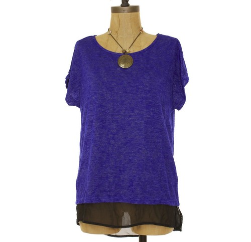 Gibson Underlay Lagenlook Top XS Kurzarm gewebt schwarz blau Freizeit NEU B43