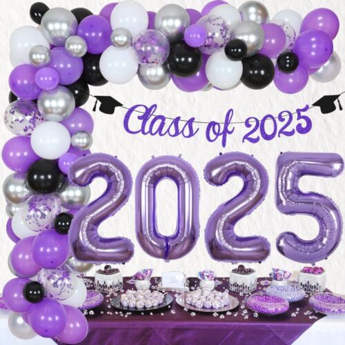 Sursurprise 2025 Graduation Decorations Purple Silver and Black Balloon Garla...