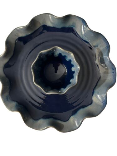 Tumbleweed Pottery Wave Chip & Dip 8” Indiv Plate 3” Bowl Cobalt Stoneware USA - Picture 3 of 12