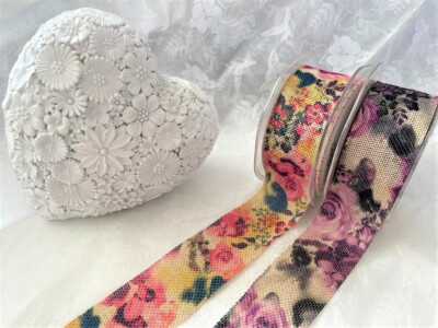 Bertie's Schleifen - PRINTED FLORAL Schnittkante Kunst Sackleinen Band 38 mm - 2 Farbtöne