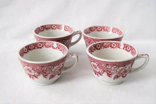 Vintage Shenango China Restaurant White Red Floral Coffee Tea Cups Lot of 4