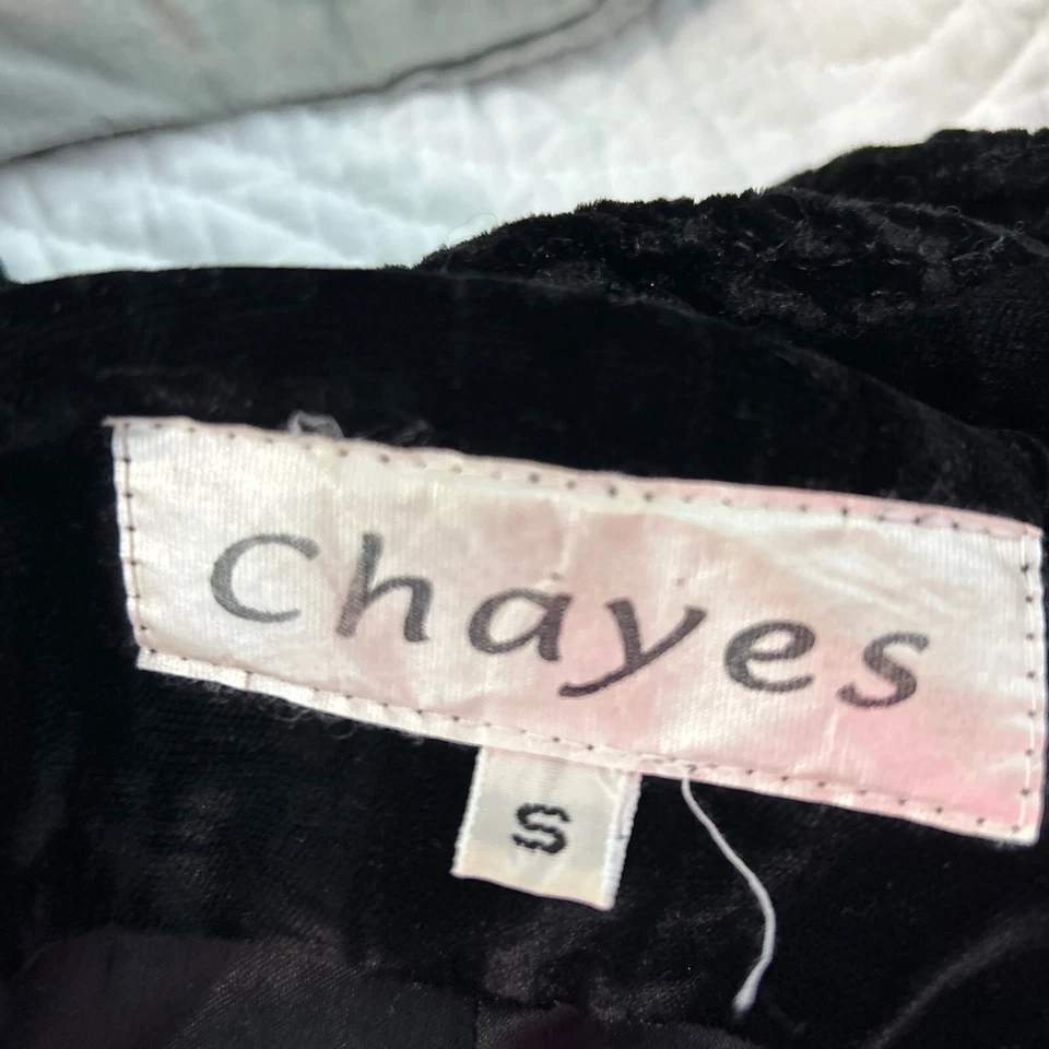 Chayes Vtg Black Velvet Swing Coat Jacket SZ S Faux Lamb Fur Long Sleeve Pockets - Image 4 of 4