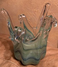 Art Glass Ocean Sea Green Swirl Stretch Vase Blown Free Form Elegant Vintage