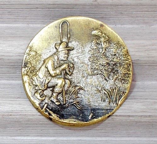 Antique Picture Button Stamped Brass Man Fishing by Stream River 1 1/8" - Picture 2 of 10